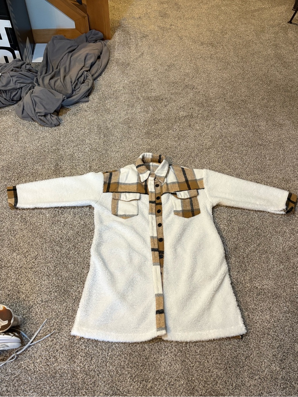 Cozy Sherpa Plaid Shacket - Cream & Mustard Plaid